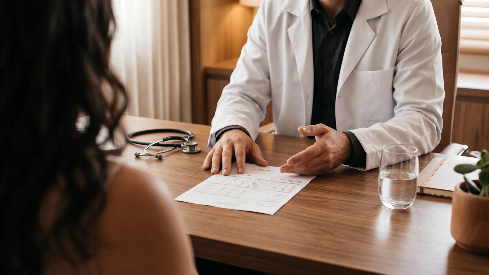 Médico de jaleco, sem o rosto aparecer, explica um exame impresso sobre a mesa do consultório para uma paciente vista de costas.