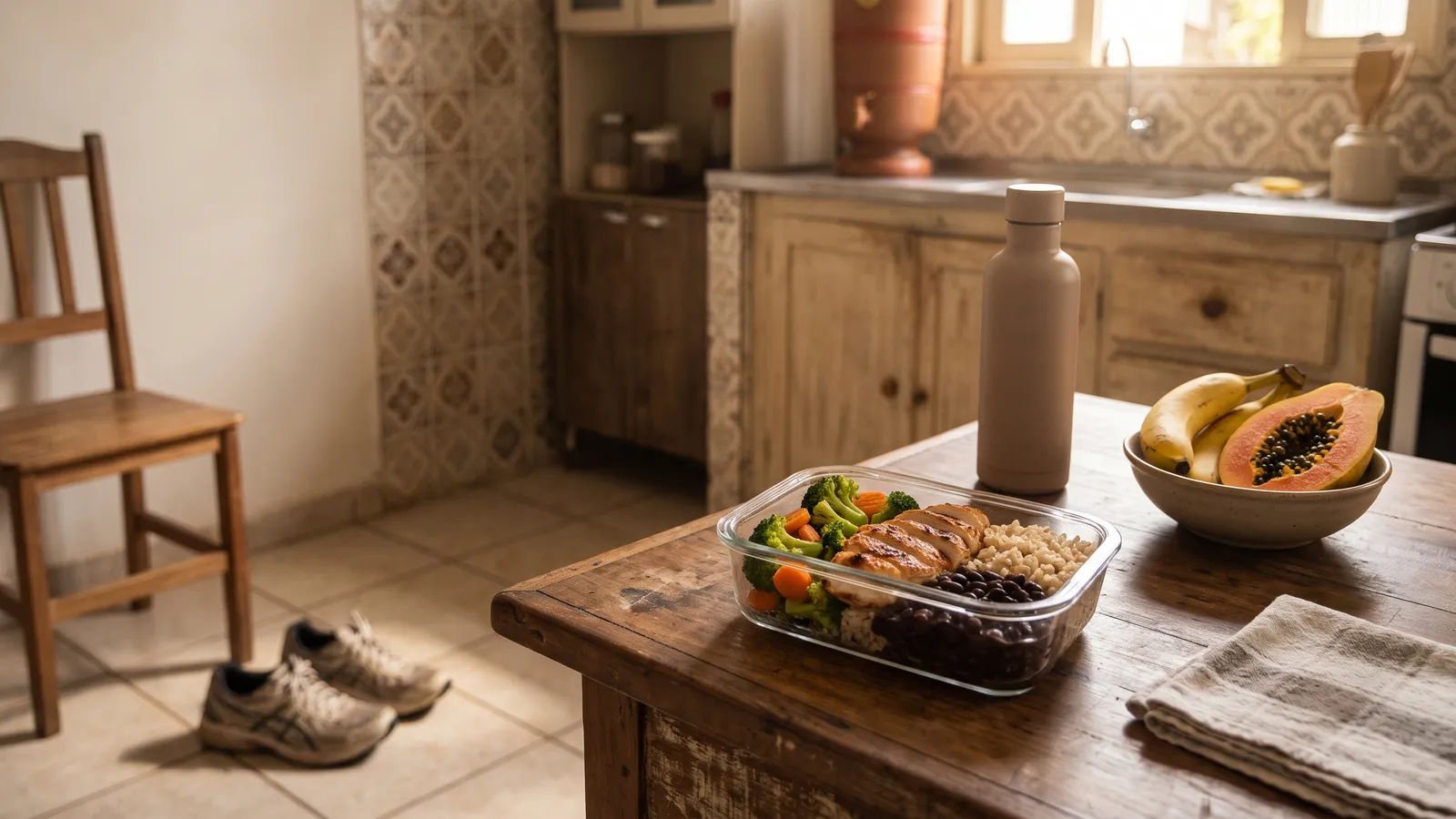 Marmita com frango grelhado, arroz, feijão e legumes sobre a mesa da cozinha, com garrafa de água, frutas e um tênis de caminhada no chão.